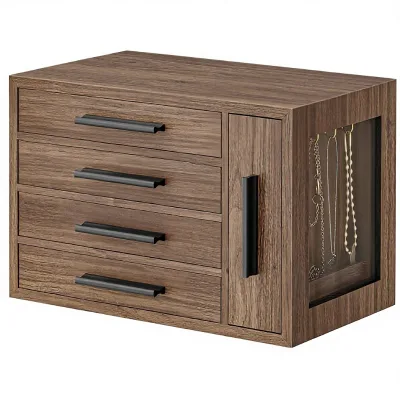 HOOBRO Women's 4-Layer Wooden Jewelry Organizer Box with Transparent Window Velvet Lining for Earrings Necklaces Rings BH09JB04