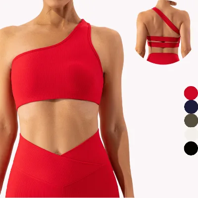 One Shoulder Sweat-wicking Outdoor Gym Workout Yoga Fitness Training Wear Ribbed Sport Bra for Women