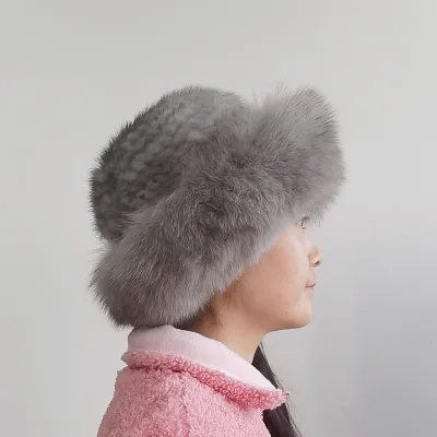 Women Winter Mink Fur Roller Hat Real Mink Fur Top Hand Knit New Bowler Hats Custom Logo Travel Luxury