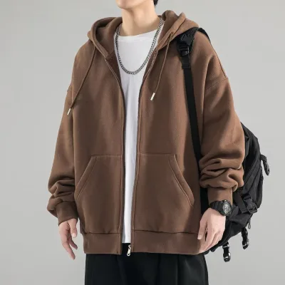 Men's Cardigan Jacket Spring Autumn Large Size Solid Color Versatile Casual Sporty Loose-Fitting Zipper Hooded Sweatshirt