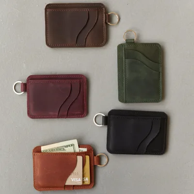 Personalized Bohemian Style Genuine Leather Keychain Wallet Laser Printing No Closure Custom Size for Credit Cards