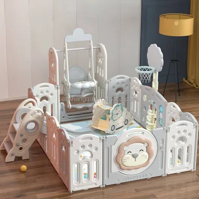 Wholesale Plastic Baby Playpen With Slide Swing Basketball Hoop Lion Panel Indoor Toddler Play Yard Activity Center