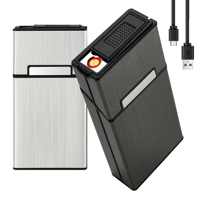20pcs Pack Cigarette Holder Case Magnetic Switch Metal Polished Usb Lighter Aluminium Surface Cigarette case with Lighter