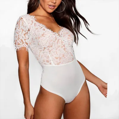 Summer Fashion Design White Lace Bodysuit for Women Short Sleeve Daily Wear Female Top China Factory