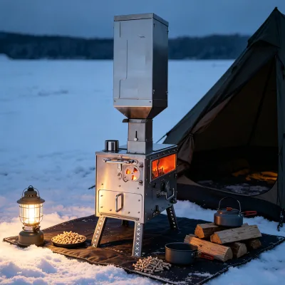 Thickened Stainless Steel Outdoor Pellet Stove, Auto Feeding Camping Heater, Multi Fuel Burning Stove for Cabin & Camper Van