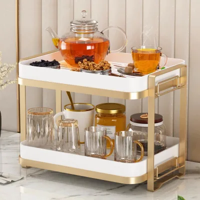 Dual Tray Metal Plastic Home Drain Box Net Red Utility Rack for Kitchen Tea Cups Glass Table Top Storage Rack for Living Room