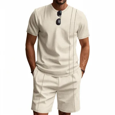 Men's Waffle Knit 2 Piece Tracksuit Summer Crew Neck Short Sleeve T Shirt Elastic Waist 5 Inch Shorts Set Casual Solid Color