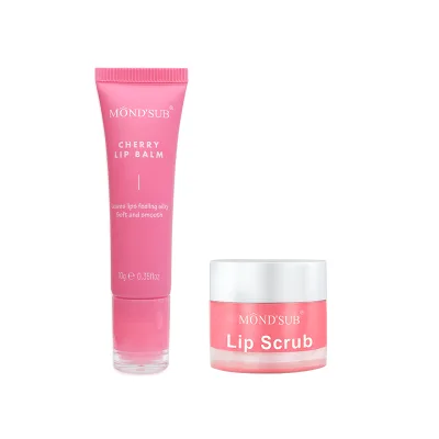 Custom Organic Fruit Cherry Vegan Exfoliating Pink Lip Scrub and Balm Set Moisturizing Lip Balm Mask Lip Care Kit