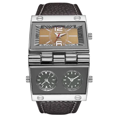 OULM 9525 Quartz Watch Men's Deco Compass Stylish Leather Strap Sport Modern Double Movement Big Wrist Watches
