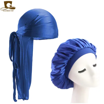 Wholesale Silky Du Rag Bonnet Designer Custom Logo Bonnets and Durags Satin 2 Pcs Set Hat