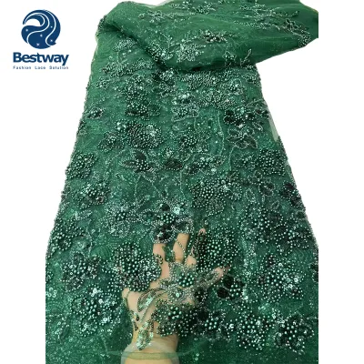 Bestway Beading Emerald Green Glitter Luxury Saree swiss Tulle Wedding Lace Fabric for Party