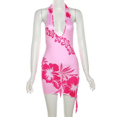 Custom Logo Summer Halter Bodycon Mini Dress Floral Print Slim Dress New Hipster Asymmetrical Women Casual Dresses