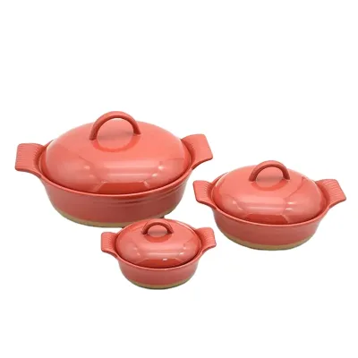 Oven Safe Custom Colorful Handle Round Tray Hot-selling Ceramic Baking Dish With Red Lid