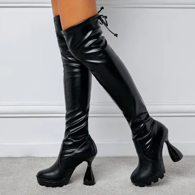 Womens over the Knee Boots Black PU Drawstring Shaft Platform Chunky High Heel for Fashionable Everyday Wear Women Outfits