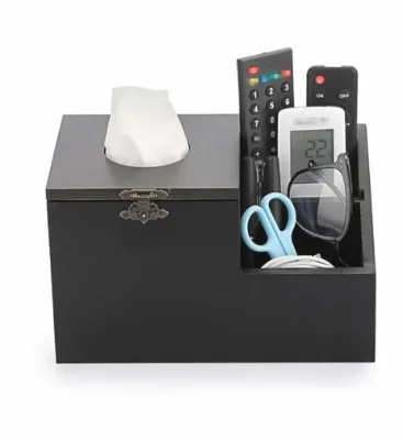 Square Wood Tissue Box with Hinged Lid Multi-Functional Tissue Box Holder with Storage,Rustic Tissue Holder