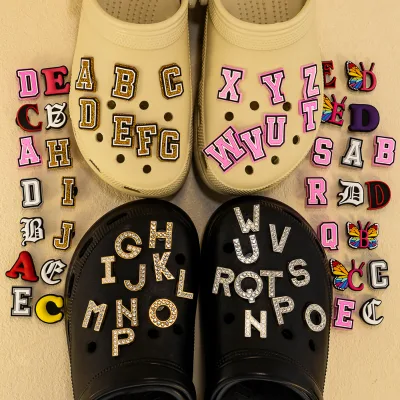 New Arrival 2D DIY PVC Shoe Decorations Cute Fashionable Black Letters & Styles Fun Customizable 2D Shoe Charms