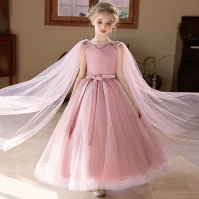 One-shoulder, Off-the-shoulder Tulle Flower Girl Dress with a Long Train and Sleeveless Wedding Gown