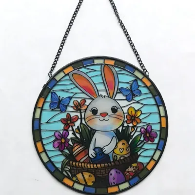 Sun Catcher Glass Tag Cute Rabbit Round Sunshine Catcher Decorative Pendant