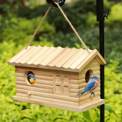 Natural Wooden Birdhouse 2 Hole Bluebird Hanging Outdoor Bird House Suitable for Garden Decoration Viewing