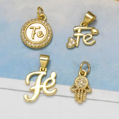 ASJEWELRY White Crystal Spanish Portuguese Fe Letter Pendant Copper Gold Plated Hamsa Hand Charms for Jewelry Making DIY chma648