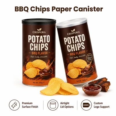OEM Custom Printed Paper Canister for Chips Premium Surface Finish Airtight Lid Food Grade Packaging