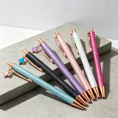 PU Material Sequins Retractable Ballpoint Pen Bling Crystal Plating Portable Pen Office School Custom Logo Promotional Gift