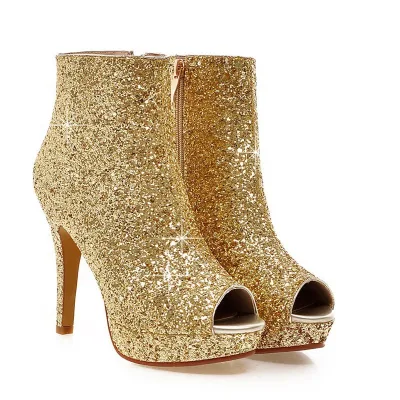 Summer Sparkle Glitter Heeled Ankle Boots Women's Shoes Open Toe Heeled Black Gold White Sandal Ankle Boots