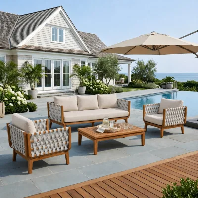 Premium Outdoor Patio Sofa Set, Acacia Wood Frame with Teak Finish, Beige Hand-Woven Rope for Backyard Garden Balcony and Villa