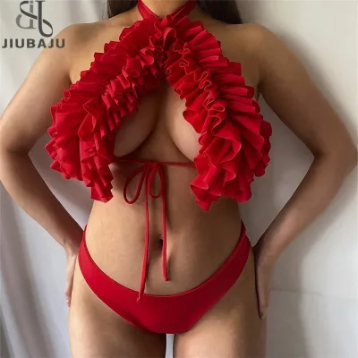 Sexy Fashion Swimsuit 2 Piece Set Women Irregular Ruched Splits Lace-Up Tops+Skinny Briefs Vacation Beach Suits