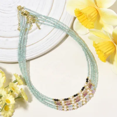 Wholesale Multi Color Natural Stone Brazil Amazonite,Aquamarine and Freshwater Pearl Beads Adjustable Necklace for Women Jewelry