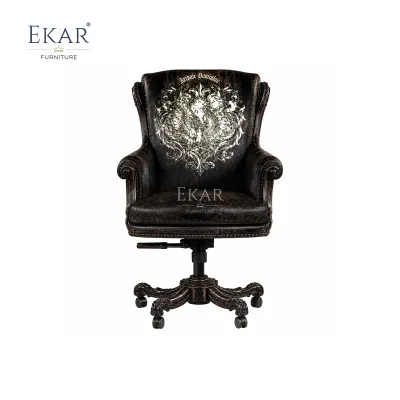 Medallion Classical Swivel Office Chair | Luxury French Neoclassical Leather Desk Chair - EKAR FURNITURE