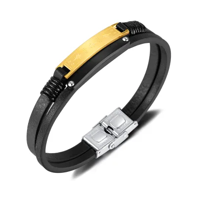 Black Dinner Gift Woven Mens Leather Bracelet Stainless Steel Magnetic Clasp Pu Leather Charm ID Bracelet Layers