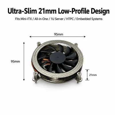 65W All-in-One 4-Pin Aluminum CPU Cooler Heat Sink Radiator 95*95*21mm for LGA 1200 115X 1700 HTPC Mini-ITX All in One Computer