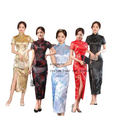 Ecoparty  Qipao Spring Short Sleeved Long Weaved Brocade Girl Chinese Style Slim Young Long Dress Women Casual Dresses