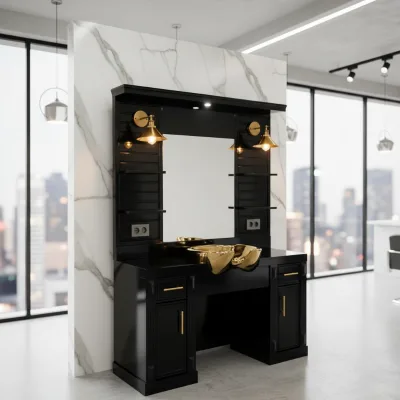 Productos De Barbershop Wood Barber Station with Led Lights and Gold Sink