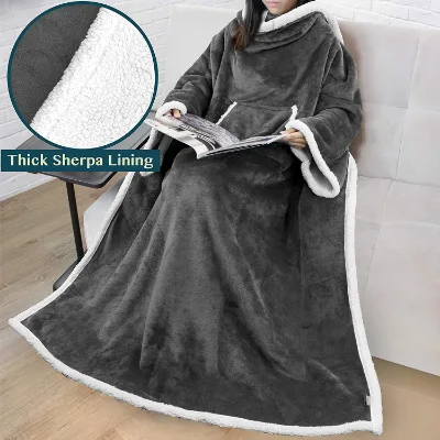 Comfy 100% Polyester Flannel and Sherpa Eco-friendly Double Layer Long Wearable Throw TV Blanket with Sleeves Customizable
