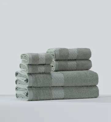 Luxury Sage Green Cotton Terry Bath Towel with Decorative Border for Hotel