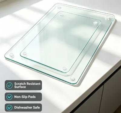 Glass Cutting Board,Set of Glass Cutting Board for Kitchen Counter,Clear Glass,with Non-Slip Feet, Scratch Resistant