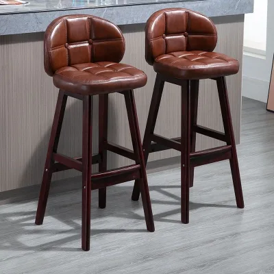 Bar Stool Tufted PU Leather Backrest Solid Wood Legs Curved Padded Seat Footrest Retro for Dining Room Kitchen Island Barhocker