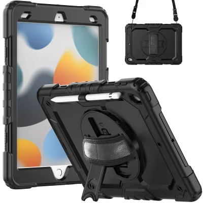 Full Shock Protection Rugged 2-in-1 PC+silicone Tablet Case with Kickstand and Hand Strap for iPad 7th/8th Gen 10.2