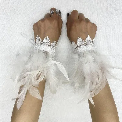 Lace Feather Wrist Cuffs Colorful Real Natural Dyed Rooster Feather Arm Warmers Party Cosplay Costume Accessory Feather Cuffs