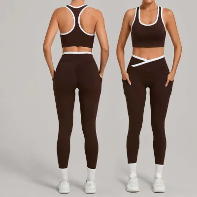 Autumn Sanding Breathable for Color Contrast Vest Shorts Yoga Set Sports Running Tight Wrinkle Set