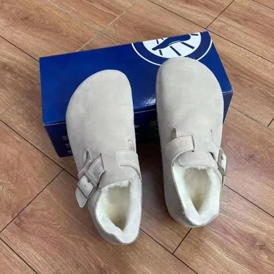 Women's Light Grey Suede Closed Toe Clogs with Shearling Lining Adjustable Buckle Strap Open Back Slippers