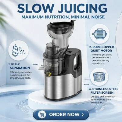 Stainless Steel Electric Vertical Screw Rod Juicer 150W 500mL Capacity Low Noise Easy Operation Outdoor Use Pulp Separation