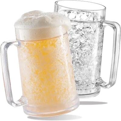 Transparent Double Wall Insulated Plastic Beer Mugs for Freezer 10oz Frozen Beer Glasses