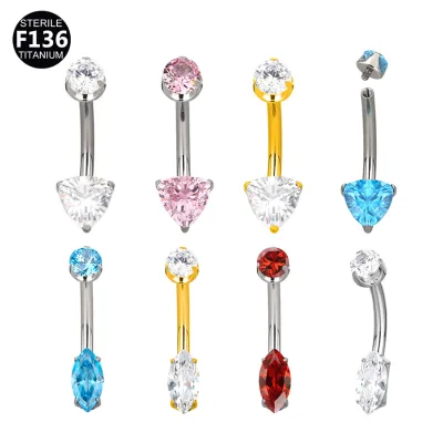 WT ASTM F136 Titanium 14G Belly Button Ring Trillion Marquise CZ Internally Threaded Gold Silver Navel Bar Body Piercing Jewelry