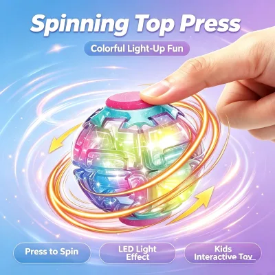 Transparent Press Spin Ball, Light up Fidget Spinner Toy, Kids Glowing 360°Rotating Gyro Ball Stress Relief Toy Party Favor Gift