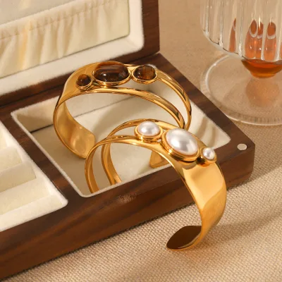 Statement Fashion Stainless Steel Opening Bangle European Fashion Design Tarnish Free Opal Beaded Inlay Women Bangle
