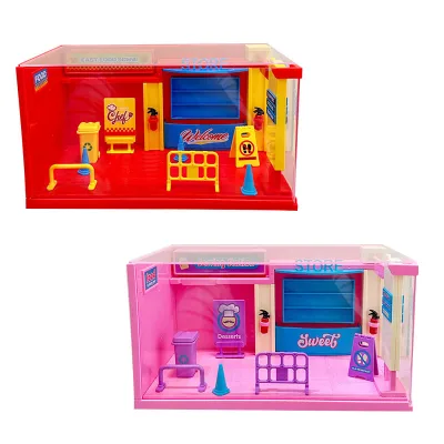 1:32 Scale Model Car Display Case with Acrylic Diorama Garage - Simulated Pink Ice Cream Shop and Red Hamburger Shop