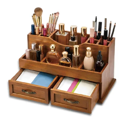 Rustic Wood Rectangle Handmade Makeup Organizer 2 Drawers Multifunction Vintage Tabletop Storage Box for Perfume Skincare Beauty